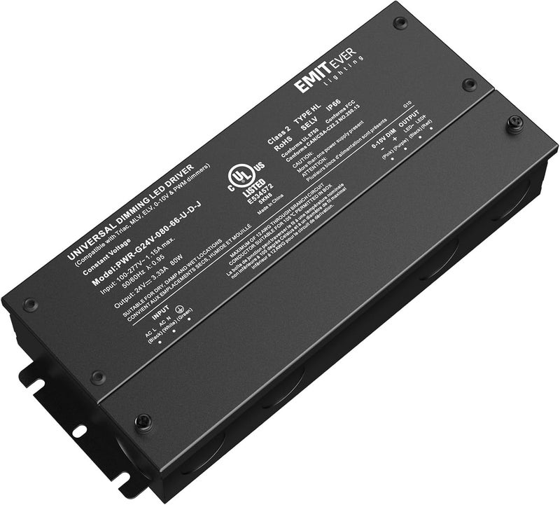 EMITEVER Dimmable Led Driver, 80W AC 110V-277V to DC 24V Transformer, 5-in-1 Dimming: ELV/MLV/TRIAC / 0-10V / 1-10V / 10V PWM/Potentiometer,Class 2,Waterproof IP67 and UL Listed，Class 2 - Image 1